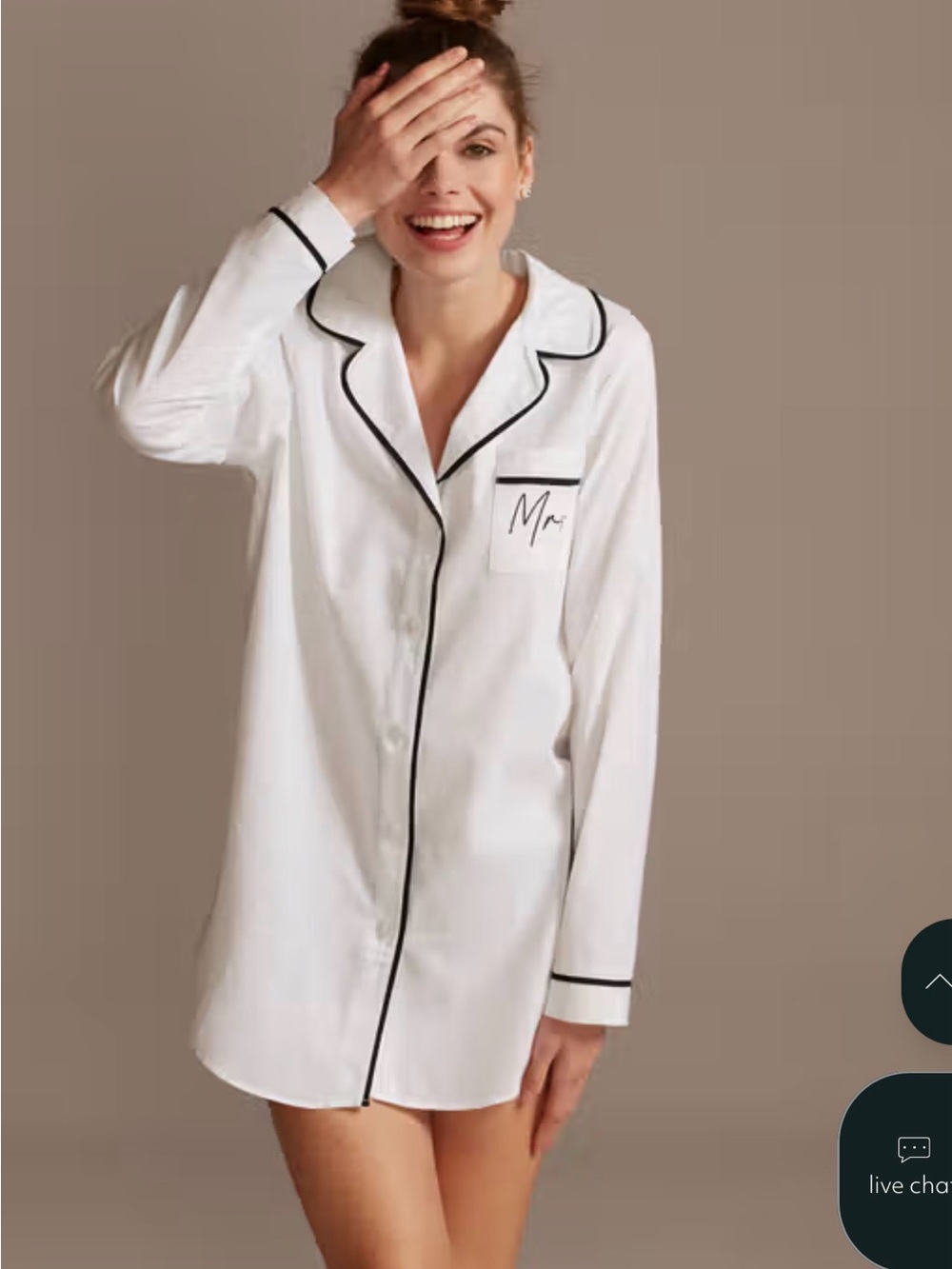 DB Studio White Long Sleeve Button-Front Sleep Shirt with Black Piping